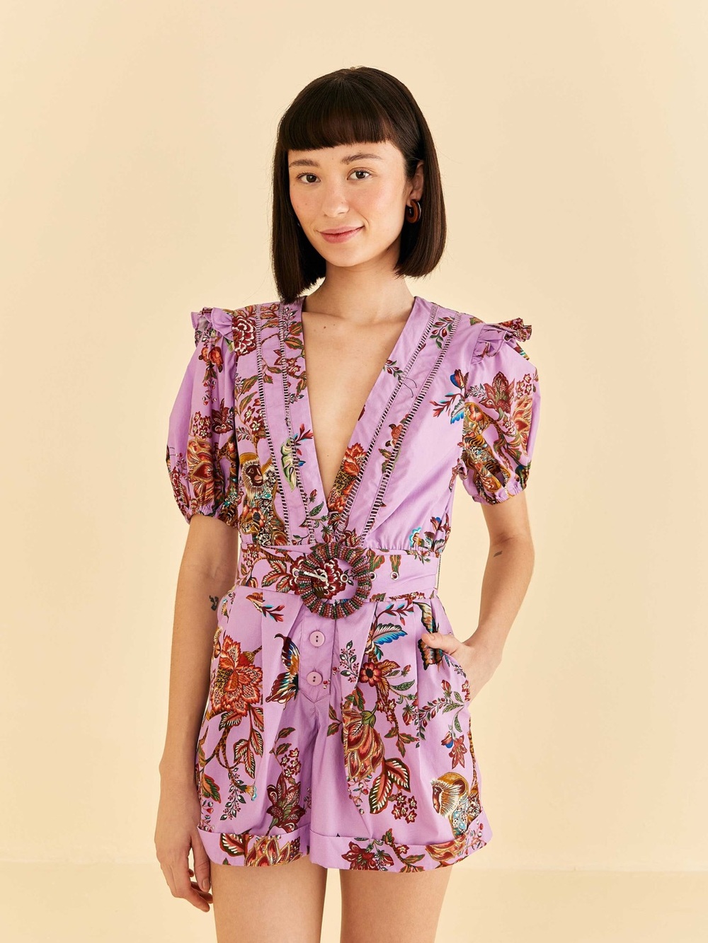 FARM Rio Lavender Floral Deep-V Romper with Statement Belt